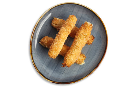 Deliciously crispy fried treats arranged neatly on a blue plate, highlighting their golden-brown color against a clean white backdrop.の写真素材