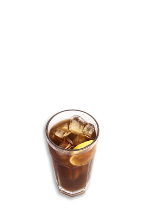 A tall glass filled with iced tea garnished with a slice of lemon sits on a white background, offering a refreshing drink option.の写真素材