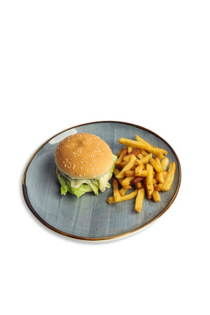A hamburger topped with lettuce is served alongside a portion of golden, crispy fries on a circular blue plate with a white background.の写真素材