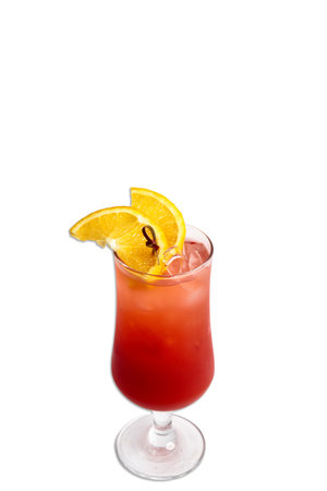 A vibrant cocktail served in a clear glass, garnished with orange slices and ice, set against a white background.の写真素材