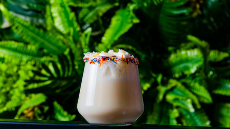 A creamy beverage garnished with whipped cream and sprinkles is set against a lush green backdrop, creating a vibrant atmosphere.の写真素材
