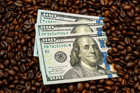 Several one hundred dollar bills are placed on a bed of coffee beans, creating an artistic arrangement that highlights the contrast between currency and nature.の写真素材