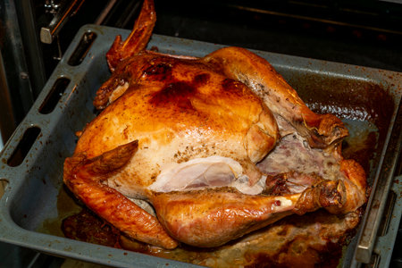 Juicy turkey is roasted to golden perfection in a baking pan, ready for a festive meal. The skin is crispy, and the meat looks tender and flavorful.の写真素材