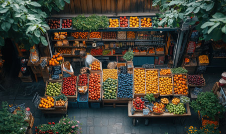 Colorful stalls filled with a variety of fresh fruits create a lively atmosphere in a quaint market. Shoppers explore the abundant selections offered by local vendors.の素材