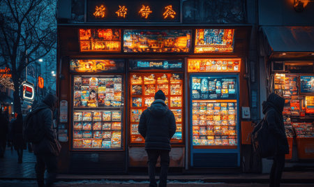 A person stands closely examining a vibrant food stand illuminated by colorful lights during a chilly evening in an urban area, surrounded by others.の素材