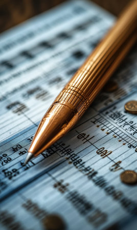 A golden pen rests atop a vintage ledger filled with intricate numerical data and annotations, emphasizing the importance of record-keeping in finance.の素材