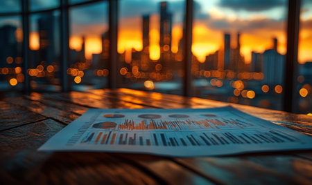A financial report lies on a rustic wooden table as the sun sets behind a vibrant city skyline, illuminating the glass buildings with warm orange hues.の素材