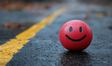 A red smiley face ball sits on a wet surface, reflecting raindrops. Nearby is a yellow line, and leaves are scattered across the ground, suggesting a rainy day.の素材