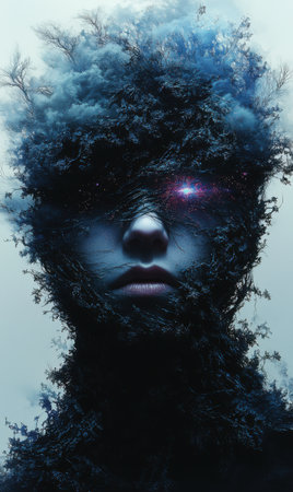 A surreal figure emerges from a mist of foliage and clouds, with a captivating gaze and an ethereal glow. The fusion of nature and human elements creates a mystical presence.の素材