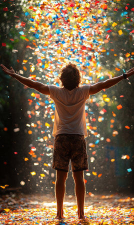 A person stands with arms wide open, joyfully surrounded by a cascade of colorful confetti in a lively outdoor setting during a cheerful celebration.の素材