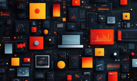 Colorful geometric shapes and abstract designs are arranged in a mosaic pattern, evoking a sense of modern technology. The vibrant colors create visual interest.の素材