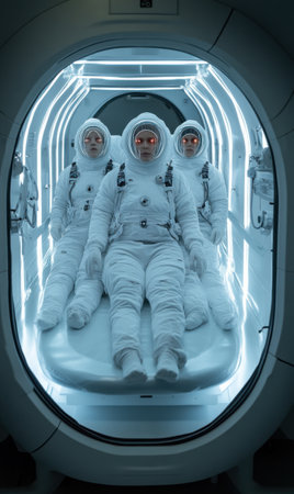 Three astronauts in white suits sit inside a sleek space capsule, illuminated by neon lights, eager to embark on their upcoming mission in space.の素材
