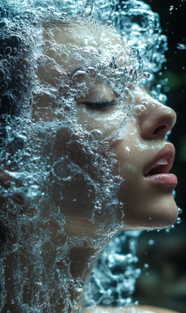 Bubbles envelop a woman's face, highlighting her calm expression. The natural light creates a soft atmosphere, emphasizing the beauty of the water.の素材
