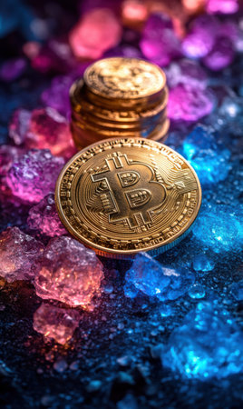 Golden bitcoins are arranged amidst vibrant, multicolored crystals on a dark surface, creating a stunning visual contrast that emphasizes the cryptocurrency's value.の素材