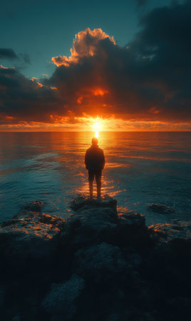 A person stands on a rocky outcrop, gazing at the vibrant sunset reflecting on the tranquil sea, surrounded by dramatic clouds and warm colors.の素材