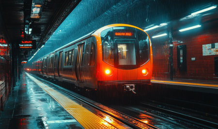 A bright subway train approaches a platform during heavy rain, with reflections glistening on the wet surface. The scene is vibrant and atmospheric, showcasing urban transport.の素材