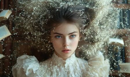 A young woman with striking features is captivated in a library. Books hover around her as shimmering particles create a dreamy atmosphere of enchantment and wonder.の素材