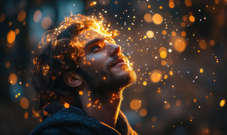 A man stands in a serene outdoor setting, looking upward with a joyful expression as shimmering lights reflect around him, creating a magical atmosphere.の素材