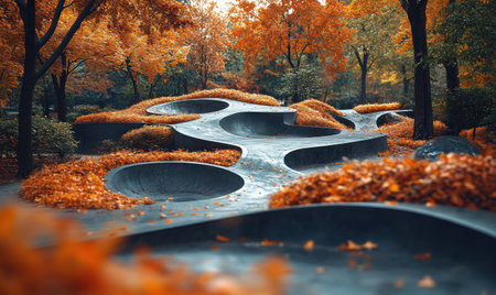 Curved pathways blend seamlessly with vibrant autumn foliage, creating a peaceful atmosphere in the park. Nature and design harmonize in this tranquil environment.の素材