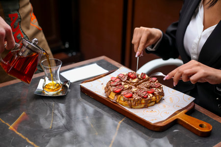 A person sits at a table, savoring a dessert topped with fruit and chocolate while tea is poured from a stylish teapot, creating a cozy atmosphere.の写真素材