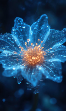 A vibrant blue flower gleams with dewdrops under soft lighting, showing its intricate petals and golden stamen against a dark background in the nighttime.の素材