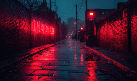 Rain-soaked street reflects vibrant neon lights from nearby buildings, creating a moody atmosphere in the heart of the city during the night.の素材