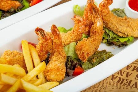 Crispy fried shrimp are beautifully arranged on a white platter alongside golden fries, fresh...