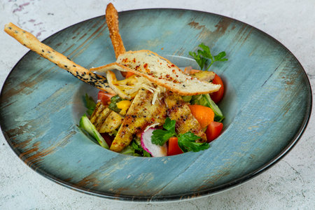 A vibrant salad features grilled chicken slices, fresh vegetables, and crunchy garnishes served in a decorative blue bowl, ideal for a healthy meal option.の写真素材