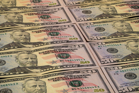 A series of fifty dollar bills displays intricate details of the currency, showing the portraits and...
