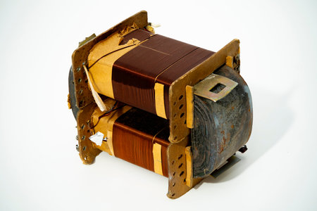 A close-up of a vintage electrical transformer, showing its intricate windings and aged materials....