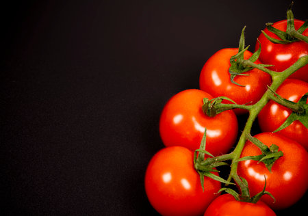 A cluster of ripe red tomatoes is nestled on the vine, showcasing their glossy skin and vibrant color against a dark background, highlighting their freshness.の写真素材