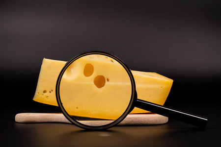A large piece of yellow cheese with characteristic holes is placed on a wooden board. A magnifying glass highlights the holes against a dark backdrop.の写真素材