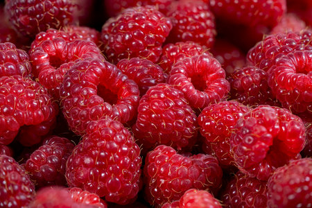 Vibrant red raspberries fill a market stall, showcasing their juicy allure. This delightful fruit is...