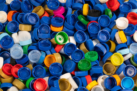 A vibrant collection of plastic bottle caps in various colors is gathered together, showcasing...