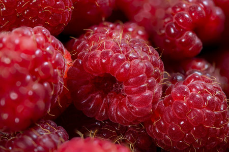 Ripe raspberries are clustered closely, displaying rich red color and fine details of their texture,...