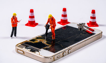 Two miniature workers in safety gear fix a large cracked smartphone while surrounded by red traffic cones. Tools are visible, emphasizing the repair process.の写真素材
