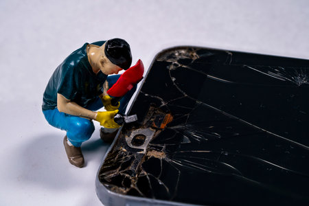 A small figure uses tools to fix a damaged smartphone screen at a workbench. The scene captures focus on the cracks and the attention to repair details.の写真素材