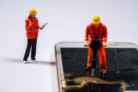 Two miniature construction workers are engaged in repairing a cracked phone screen. One monitors...