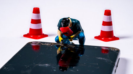 A small figure is kneeling and fixing a damaged smartphone screen while two red and white traffic cones stand nearby, suggesting a repair setting.の写真素材