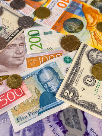 Various banknotes and coins lay on a flat surface, showing different currencies from different...