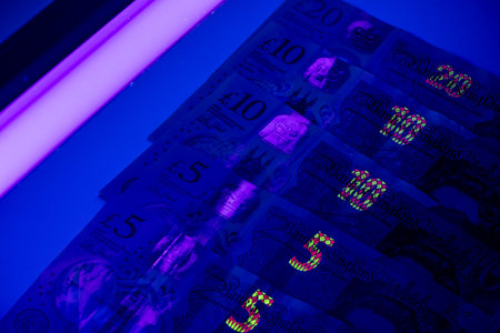 British pound notes are placed on a surface illuminated by ultraviolet light. The light reveals...