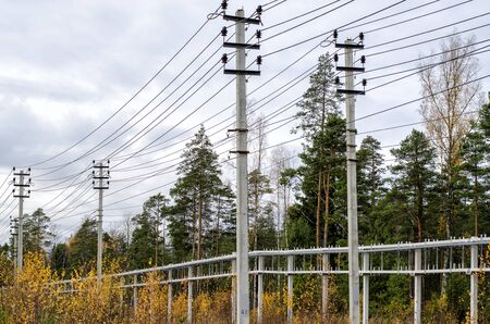 High-voltage electric lines and overpass with cables on a background of green forest and sky.の写真素材