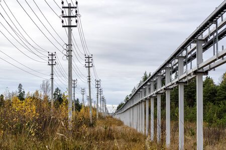 Two adjacent power lines, near a cable overpass on a background of green forest.の写真素材