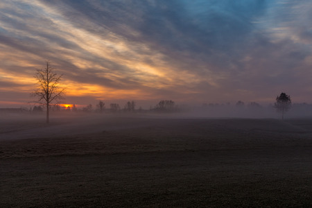 Morning in Bavaria, Germany, with lifting fog.の写真素材