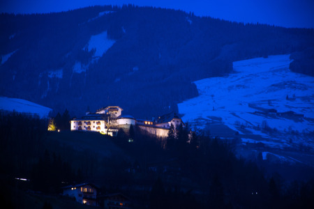 Night photo of Mittersill Palace, located in the district of Pinzgau, Austria.の写真素材