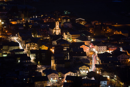 Night photo of the town of Mittersill, Pinzgau located in the district, Austria.の写真素材