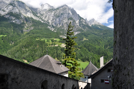 Hohenwerfen Castle stands high above the Austrian town of Werfen in the Salzach valley.のeditorial素材