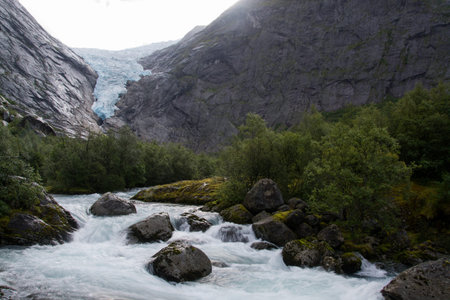 Briksdalsbreen is one of the most accessible and best known arms of the Jostedalsbreen glacier.の写真素材