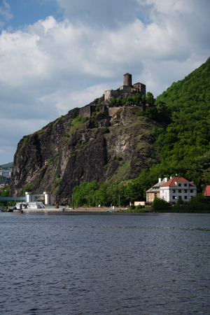 Strekov Castle, German: Schreckenstein, is perched atop a cliff above the River Elbe, near the city of Usti nad Labem in the Czech Republic.の写真素材