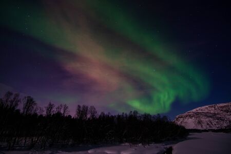 An aurora borealis, sometimes referred to as polar lights or northern lights, is a natural light display in the Earth's sky, predominantly seen in the high-latitude regions.の写真素材